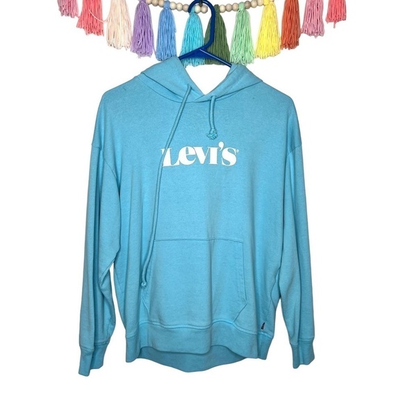 Levi’s Sky Blue Graphic Logo Pullover Knitted Hooded Sweatshirt Size Medium - Picture 4 of 16